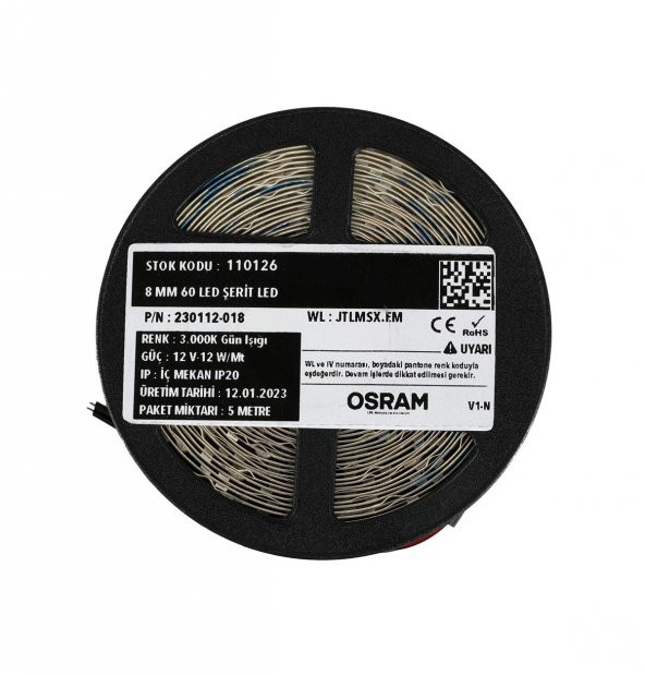 5 Metre Şerit Led Osram Çipli İç Mekan IP20 12 V 12 W 3.000K Gün Işığı - 3