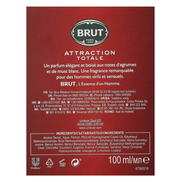 Brut Parfüm Erkek/Men 100ML Attraction Totale Edt (Kırmızı) (6 Lı Set) - 6