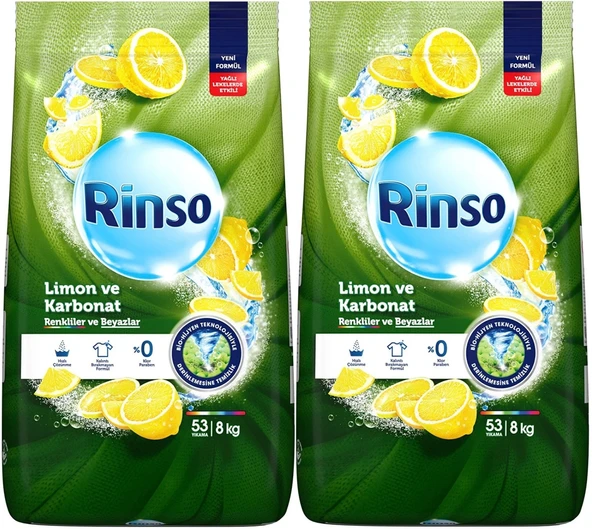 Rinso Matik Toz Deterjan 16KG Limon ve Karbonat / Renkliler ve Beyazlar İçin (2PK*8KG) (106 Yıkama)