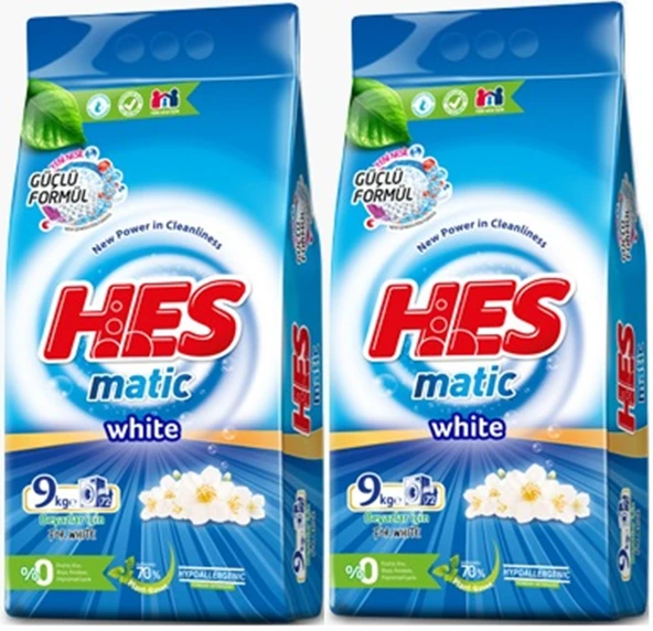 HES Matik Toz Çamaşır Deterjanı 18KG White/Beyazlar (144 Yıkama) (2PK*9KG)