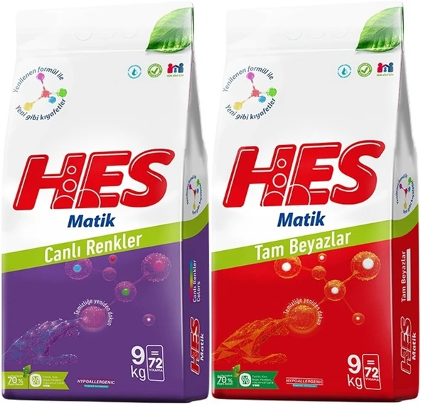 HES Matik Toz Çamaşır Deterjanı Karma 18KG Color/Renkliler-White/Beyazlar (144 Yıkama) (2PK*9KG)