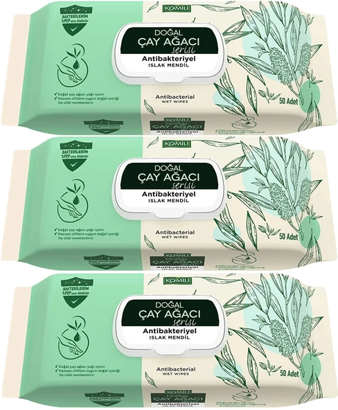 Komili Islak Havlu Mendil 50 Yaprak (3 Lü Set) Çay Ağacı Serisi Antibakteriyel (150 Yaprak)