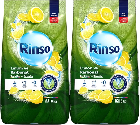 Rinso Matik Toz Deterjan 16KG Limon ve Karbonat / Renkliler ve Beyazlar İçin (2PK*8KG) (106 Yıkama)