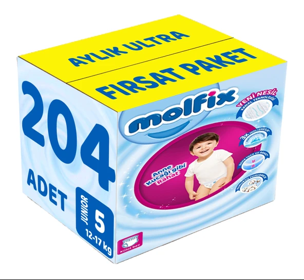 Molfix Külot Bebek Bezi Beden:5 (12-17KG) Junior 204 Adet Aylık Ultra Fırsat Pk