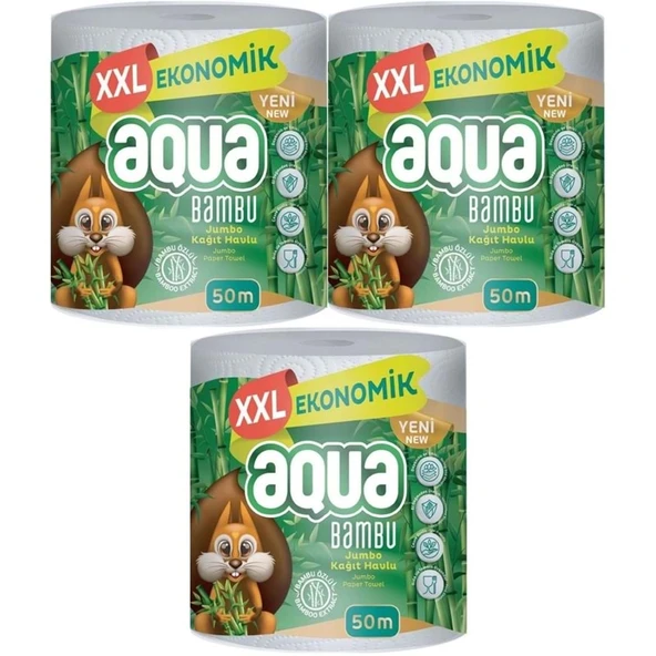 Aqua Kağıt Havlu 3 Katlı Jumbo Paket XXL Bambu (3 Lü Set) 150 Metre (3PK*50MT) - 1