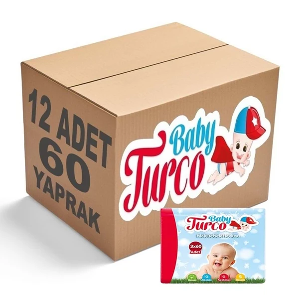 Baby Turco Islak Havlu Mendil Klasik (12 li Set) 60 Yaprak Plastik Kapaklı (4PK*3) - 1