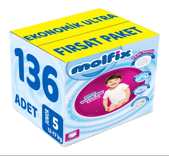 Molfix Külot Bebek Bezi Beden:5 (12-17KG) Junior 136 Adet Ekonomik Ultra Fırsat Pk