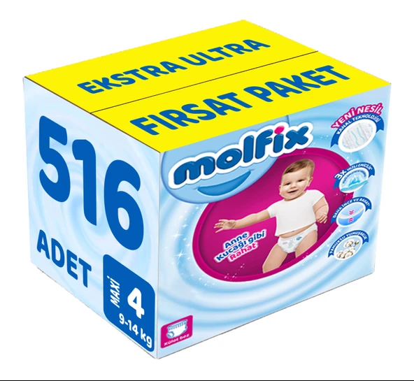 Molfix Külot Bebek Bezi Beden:4 (9-14Kg) Maxi 516 Adet Ekstra Ultra Fırsat Pk