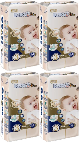 Pedo Plus Bebek Bezi Beden:3 (4-9KG) Midi 136 Adet Jumbo Aylık Pk