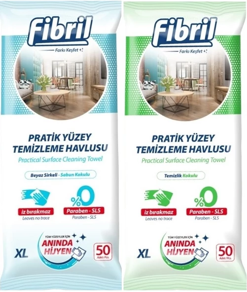 Fibril Yüzey Temizlik Havlusu 50 Yaprak XL Karma 2 Li Set Beyaz Sirke-Sabun-Temizlik Kokulu 100 Yp