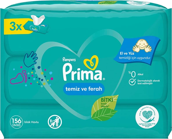 Prima Islak Havlu Mendil Temiz ve Ferah (Bitki Bazlı) 52 Yaprak (3 Lü Pk) 156 Yaprak