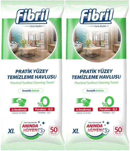 Fibril Yüzey Temizlik Havlusu 50 Yaprak XL Temizlik Kokulu 2 Li Set 100 Yaprak Plastik Kapaklı ürün görseli