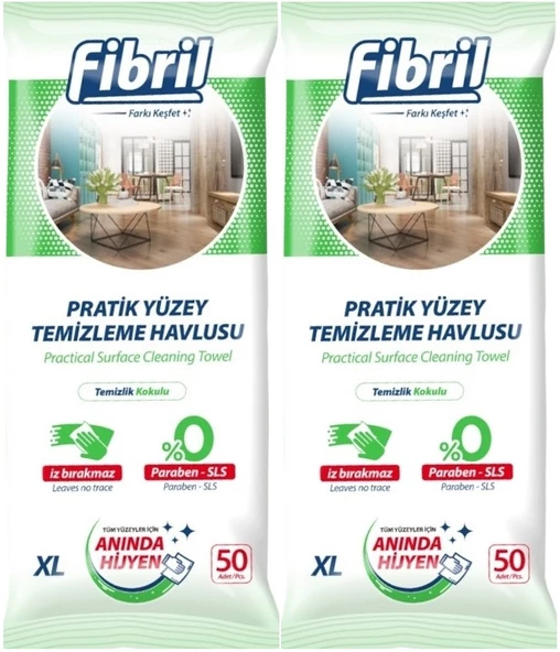 Fibril Yüzey Temizlik Havlusu 50 Yaprak XL Temizlik Kokulu 2 Li Set 100 Yaprak Plastik Kapaklı