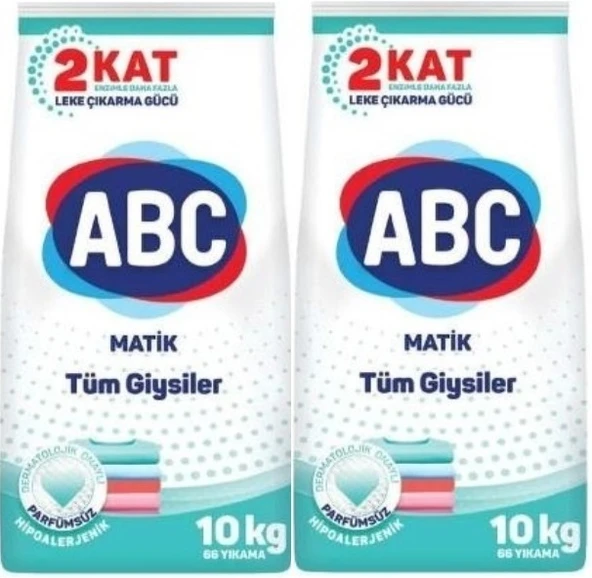 Abc Matik Toz Çamaşır Deterjanı 20KG (2PK*10KG) Parfümsüz/Hipoalerjenik Tüm Giysiler (132 Yıkama)