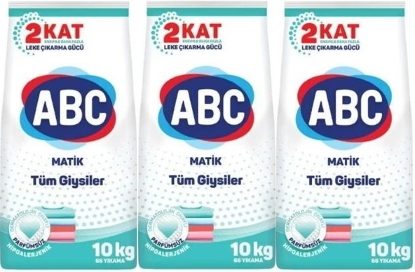 Abc Matik Toz Çamaşır Deterjanı 30KG (3PK*10KG) Parfümsüz/Hipoalerjenik Tüm Giysiler (198 Yıkama)
