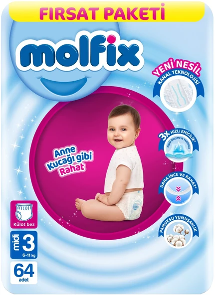 Molfix Külot Bebek Bezi Beden:3 (6-11KG) Midi 64 Adet Fırsat Pk