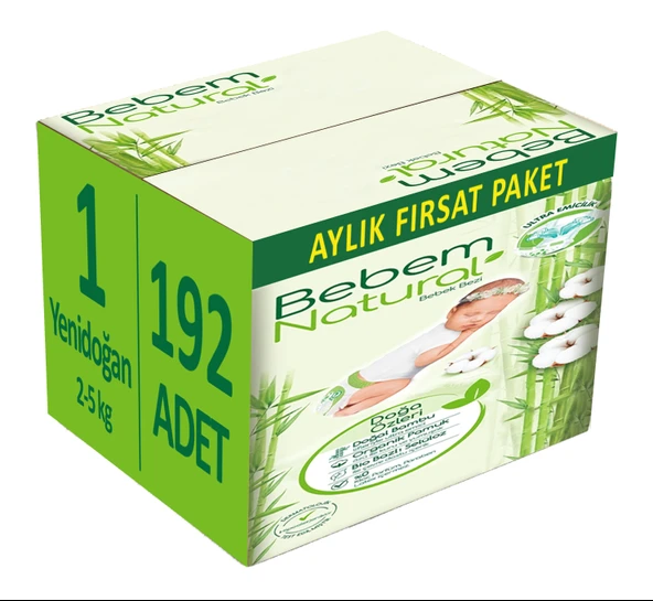 Bebem Bebek Bezi Natural Beden:1 (2-5Kg) Yenidoğan 192 Adet Aylık Fırsat Pk