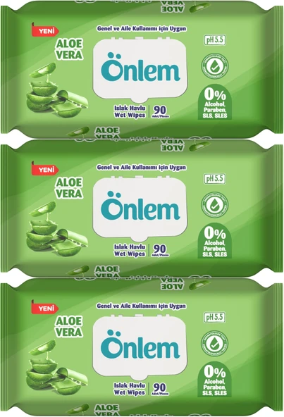 Önlem Islak Havlu Mendil 90 Yaprak Aloe Vera Plastik Kapaklı (3 Lü Set) (270 Yaprak)