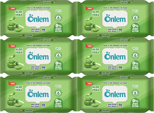 Önlem Islak Havlu Mendil 90 Yaprak Aloe Vera Plastik Kapaklı (6 Lı Set) (540 Yaprak)