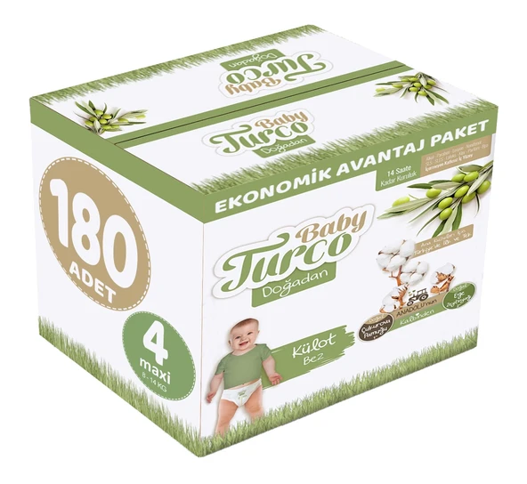 Baby Turco Külot Bebek Bezi Doğadan Beden:4 (8-14KG) Maxi 180 Adet Ekonomik Avantaj Pk