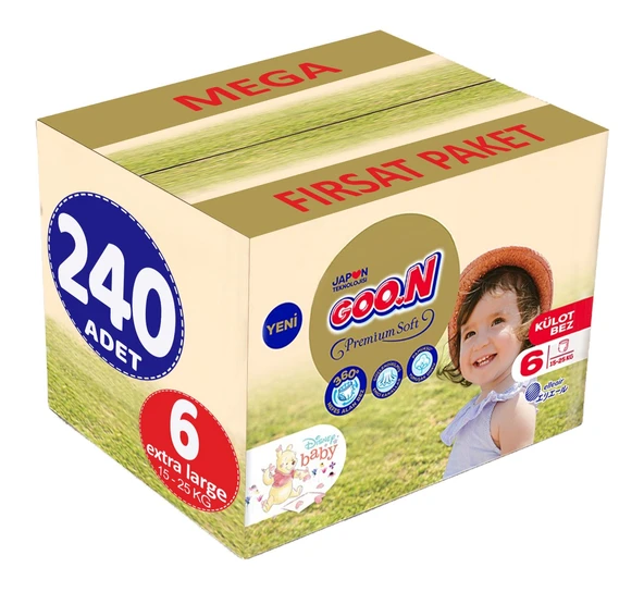 Goon Premium Soft Külot Bebek Bezi Beden:6 (15-25Kg) Extra Large 240 Adet Mega Fırsat Pk