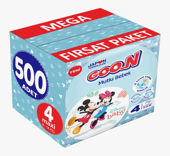 Goon Mutlu Bebek Bebek Bezi Beden:4 (9-14Kg) Maxi 500 Adet Mega Fırsat Pk