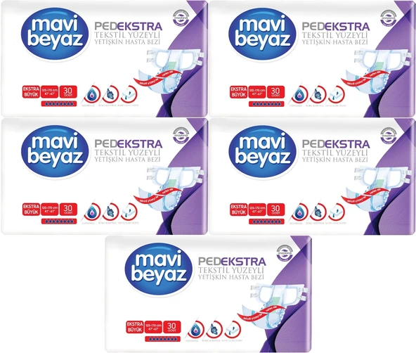 Mavi Beyaz Ped Ekstra Tekstil Yüzeyli Yetişkin Bel Bantlı Hasta Bezi XL Ekstra Büyük 150 Adet