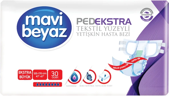 Mavi Beyaz Ped Ekstra Tekstil Yüzeyli Yetişkin Bel Bantlı Hasta Bezi XL Ekstra Büyük 30 Adet