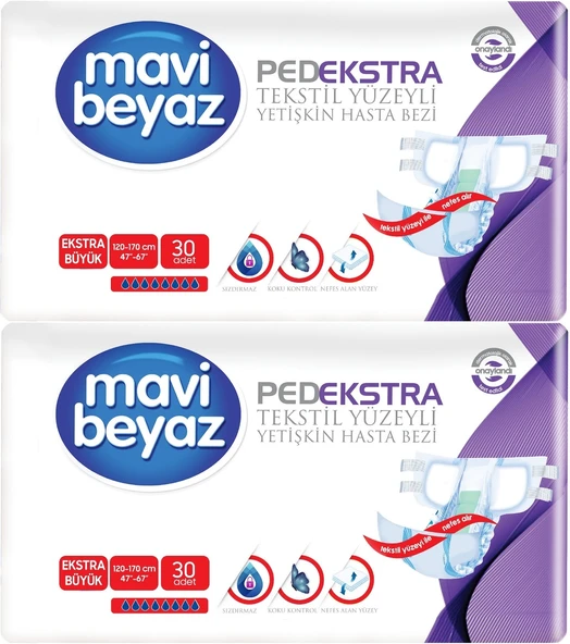 Mavi Beyaz Ped Ekstra Tekstil Yüzeyli Yetişkin Bel Bantlı Hasta Bezi XL Ekstra Büyük 60 Adet