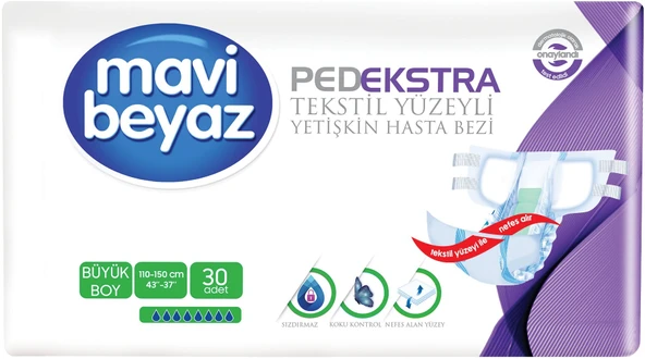 Mavi Beyaz Ped Ekstra Tekstil Yüzeyli Yetişkin Bel Bantlı Hasta Bezi L - Large - Büyük 30 Adet