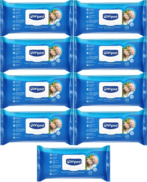 Canped Hasta Vücut Perine Temizleme Islak Mendil Havlu 48 Yaprak XL (9 Lu Set) Plastik Kapaklı