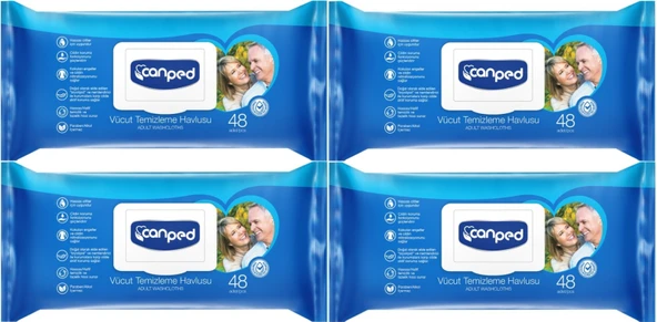 Canped Hasta Vücut Perine Temizleme Islak Mendil Havlu 48 Yaprak XL (4 Lü Set) Plastik Kapaklı