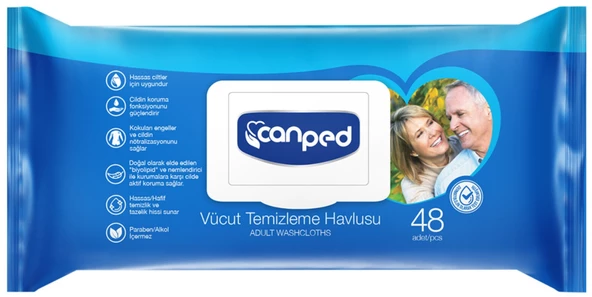 Canped Hasta Vücut Perine Temizleme Islak Mendil Havlu 48 Yaprak XL Tekli Pk