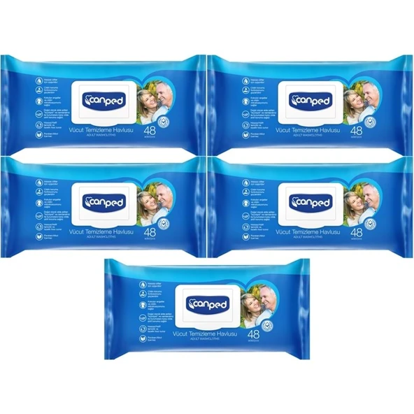 Canped Hasta Vücut Perine Temizleme Islak Mendil Havlu 48 Yaprak XL (5 Li Set) Plastik Kapaklı - 1