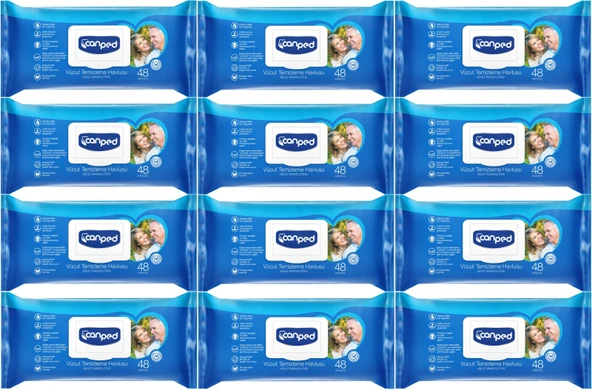Canped Hasta Vücut Perine Temizleme Islak Mendil Havlu 48 Yaprak XL (12 Li Set) Plastik Kapaklı
