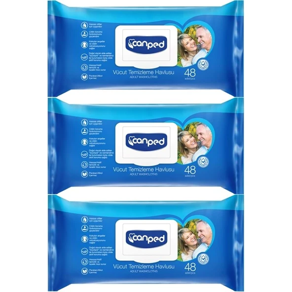 Canped Hasta Vücut Perine Temizleme Islak Mendil Havlu 48 Yaprak XL (3 Lü Set) Plastik Kapaklı ürün görseli 1