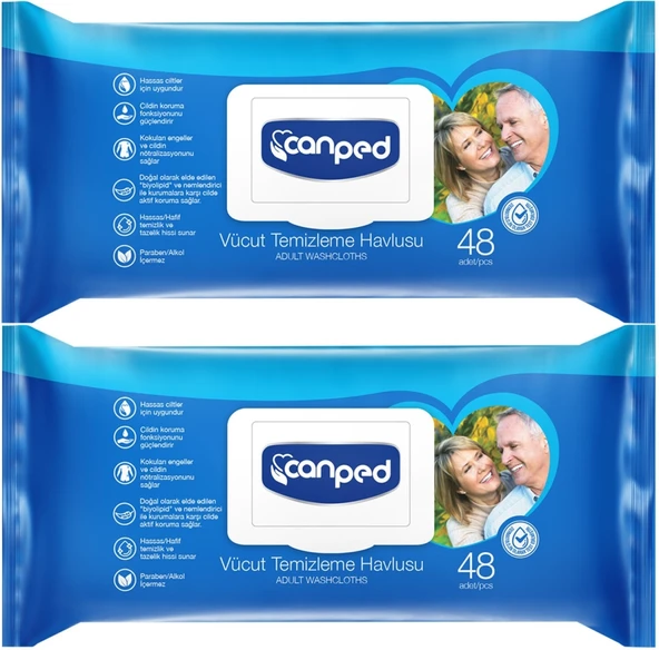 Canped Hasta Vücut Perine Temizleme Islak Mendil Havlu 48 Yaprak XL (2 Li Set) Plastik Kapaklı