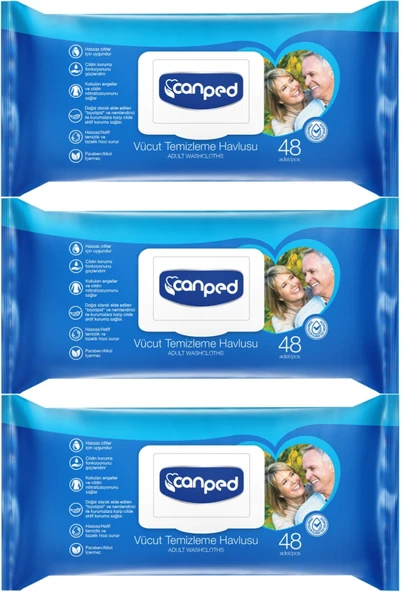 Canped Hasta Vücut Perine Temizleme Islak Mendil Havlu 48 Yaprak XL (3 Lü Set) Plastik Kapaklı