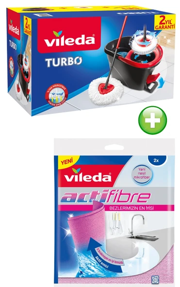 Vileda Turbo Pedallı Temizlik Seti (Komple Set)+Vileda Actifibre Mikrofiber Bez (Paket İçi 2 Li Pk)