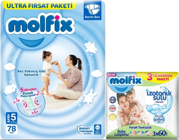 Molfix Bebek Bezi Beden:5 (11-18Kg) Junior 78 Adet Ultra Fırsat Pk+3 Adet Islak Mendil