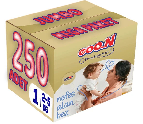 Goon Premium Soft Bebek Bezi Beden:1 (2-5Kg) Yeni Doğan 250 Adet Jumbo Mega Pk