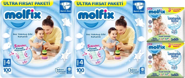 Molfix Bebek Bezi Beden:4 (7-14Kg) Maxi 200 Adet Ekonomik Ultra Fırsat Pk+6 Adet Islak Mendil