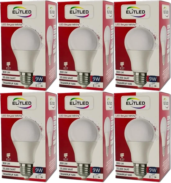 Elitled Led Ampül Beyaz-White 9W (6 Lı Set)