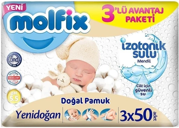 Molfix Islak Havlu Mendil İzotonik Yenidoğan 3 Lü set 50 Yaprak Plastik Kapaklı