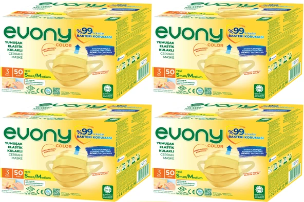 Evony 3 Katlı Filtreli Burun Telli Cerrahi Maske 200 Lü Set Small/Medium Sarı 160*90MM (4PK*50) - 1