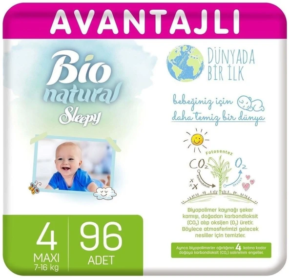 Sleepy Bebek Bezi Bio Natural Beden:4 (7-16Kg) Maxi 96 Adet Ultra Pk ürün görseli
