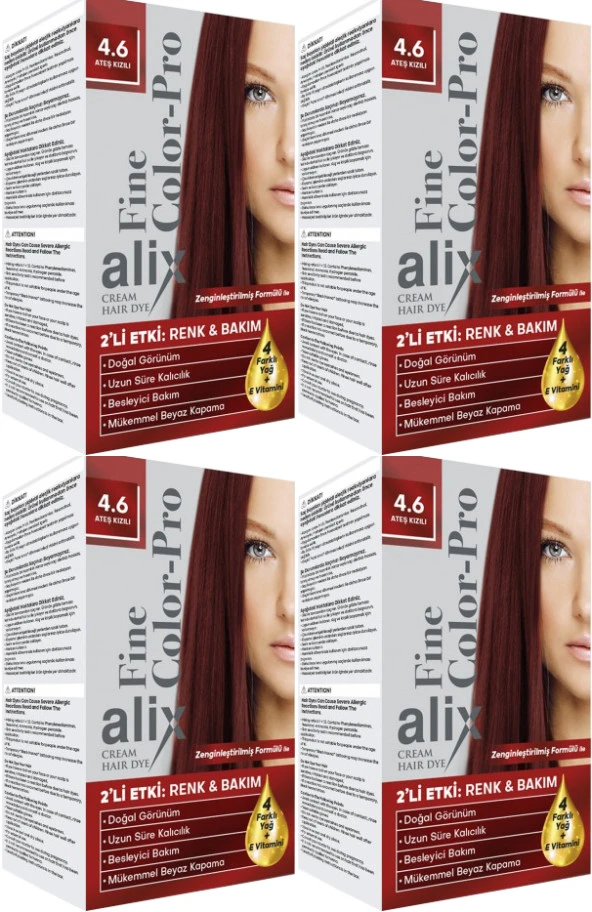 Alix 50ML Kit Saç Boyası 4.6 Ateş Kızılı (4 Lü Set)
