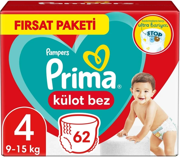 Prima Külot Bebek Bezi Beden:4 (9-15Kg) Maxi 62 Adet Fırsat Pk