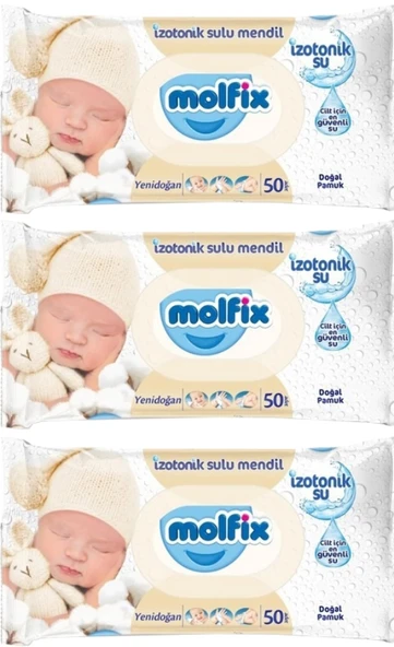 Molfix Islak Havlu Mendil İzotonik Yeni Doğan 3 Pk 50 Yaprak Pamuklu Plastik Kapaklı - 1