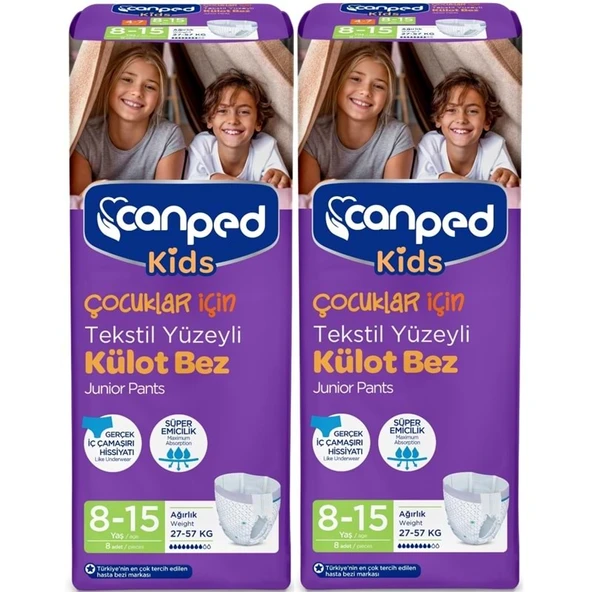 Canped Kids Çoçuklar İçin Külot Bez Tekstil Yüzeyli Yaş:8-15 (27-57Kg) 16 Adet (2Pk*8) - Resim 2